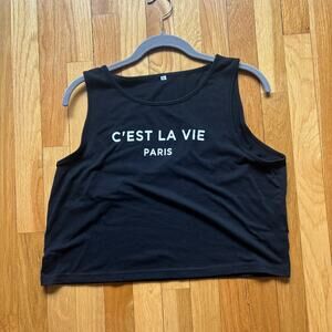 Black Cropped (Strechable) Tank Top "C'est La Vie" Paris Size XL France Cute